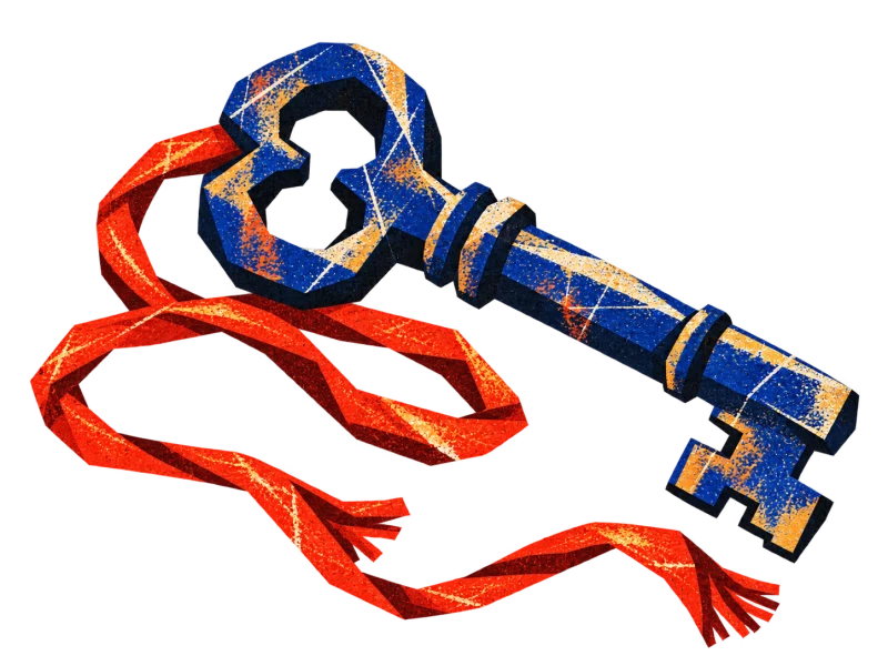 An angular blue key beside a red cord with loose open loops and two frayed ends.