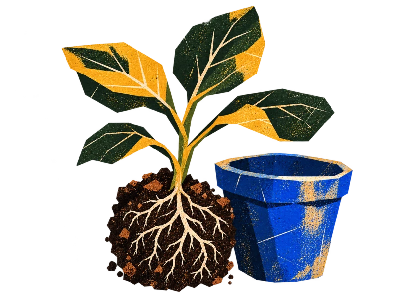 A leafy seedling with pale roots in a dark soil clod beside an empty blue nursery pot.