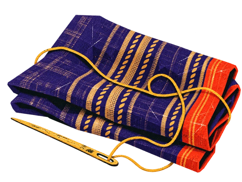 Folded purple cloth with a red edge, ochre thread, and a sewing needle.
