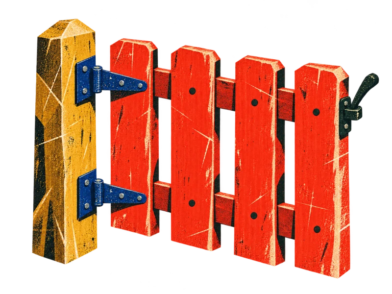 A red four-board wooden gate on an ochre post, with cobalt hinges and its dark latch lifted.