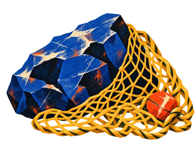 An angular blue rock draped with an ochre fishing net and a red float.