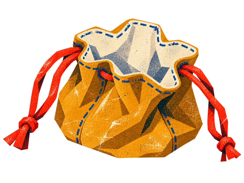 An empty ochre travel pouch with a cream lining and loose red drawstrings.