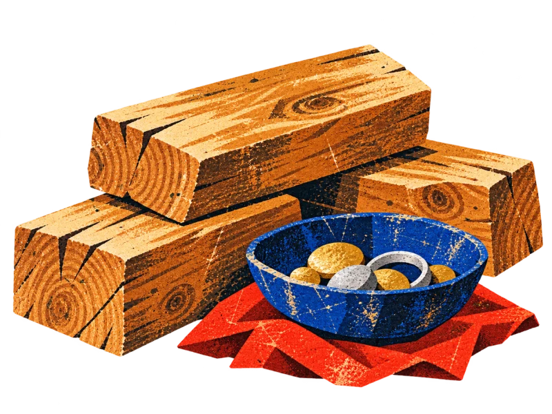 Cedar offcuts beside a blue bowl holding dull gold and silver pieces.