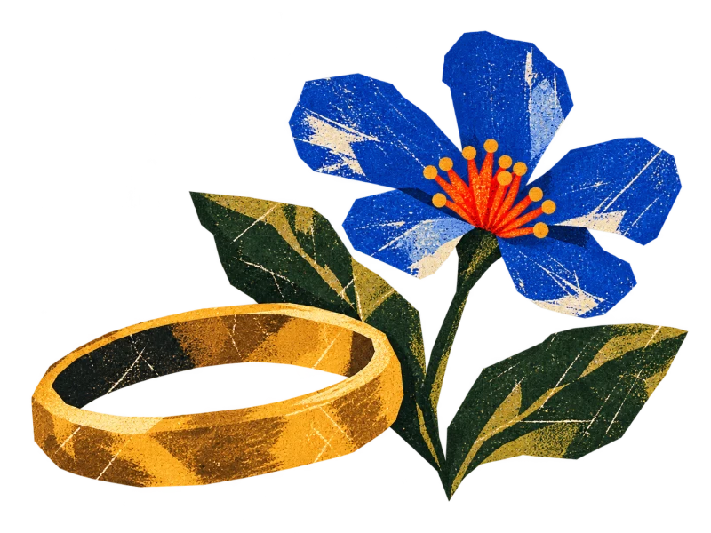 A plain gold ring beside a blue wildflower with a red center and dark green leaves.