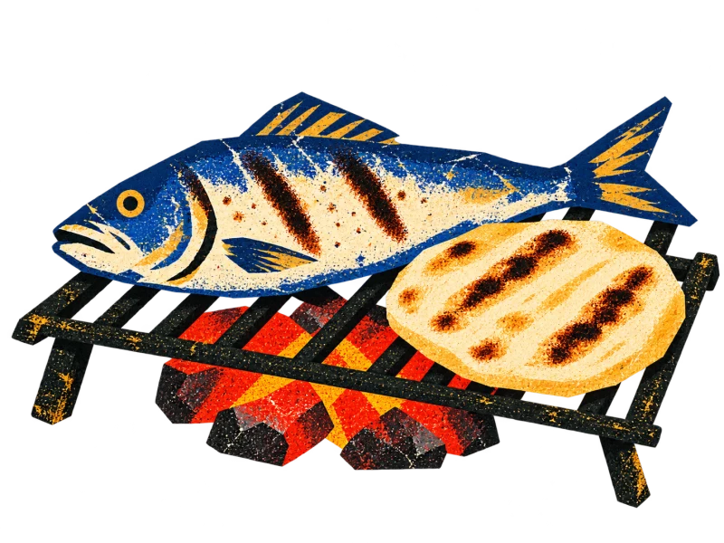 A grilled fish and flatbread sit on a small dark iron grate over red coals.