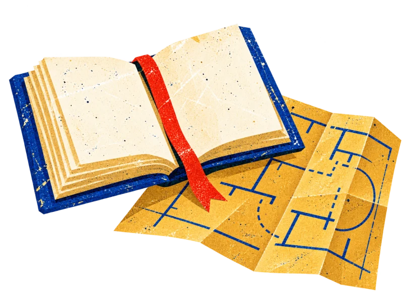 An open blue-bound book with a red bookmark lies over an ochre building plan.