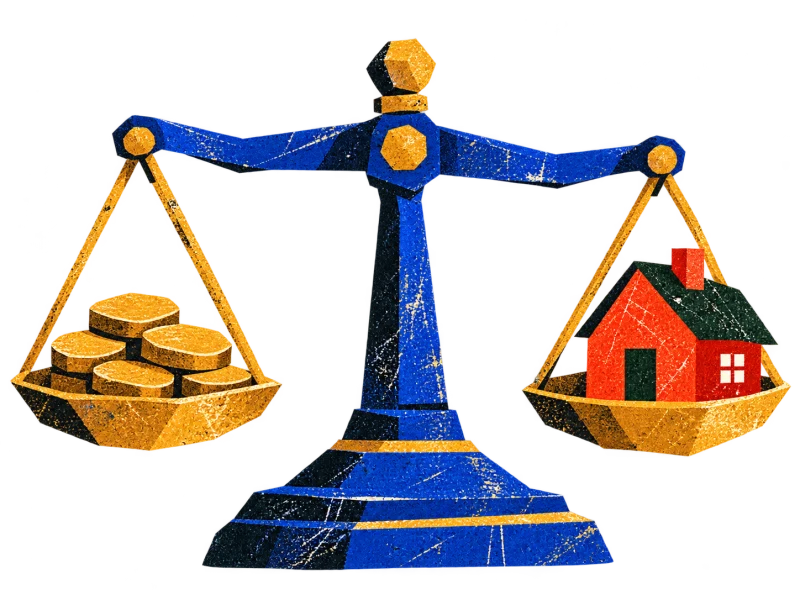 A blue balance scale holding gold coins in one pan and a small red house in the other.