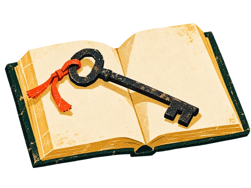 An old dark iron key with a loose red cord rests across an open blank work ledger.