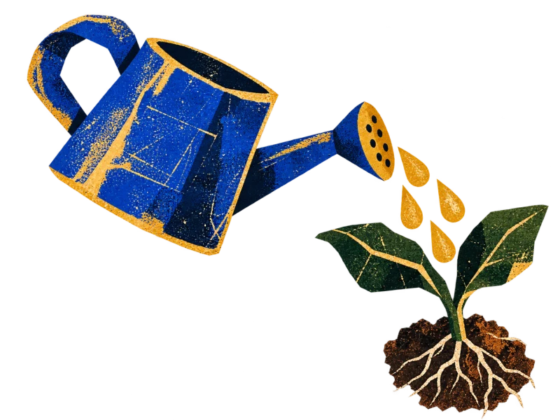 A blue watering can pours golden droplets toward a green seedling with visible roots.